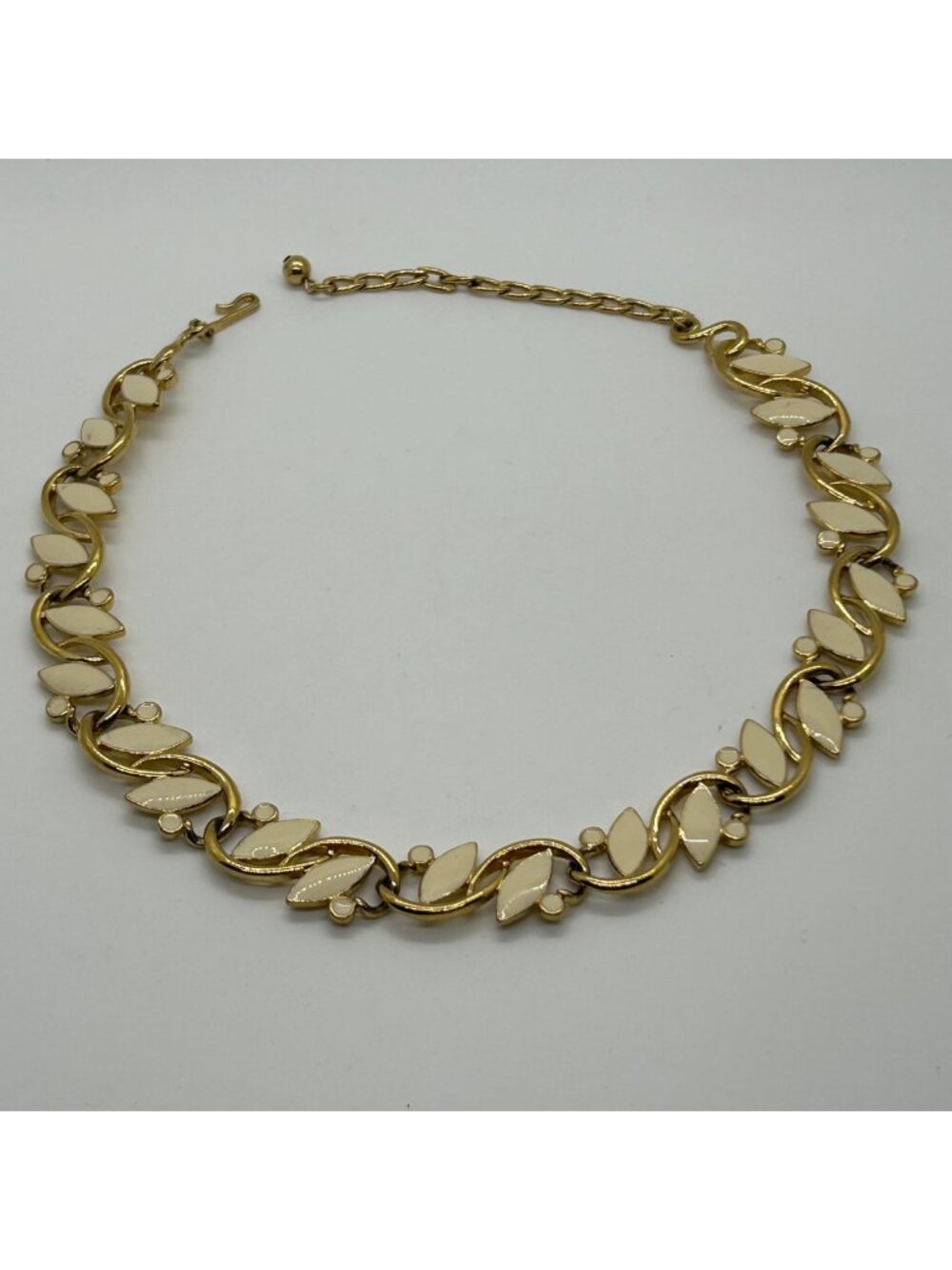 Vintage Trifari Enamel Choker Necklace Gold Tone Leaf Cream 1980s Statement